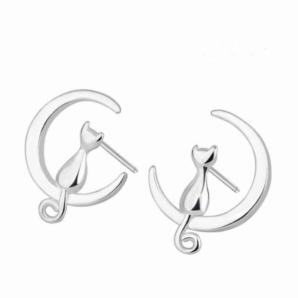925 Silver Cat On The Moon Earrings - Picture 4 of 16